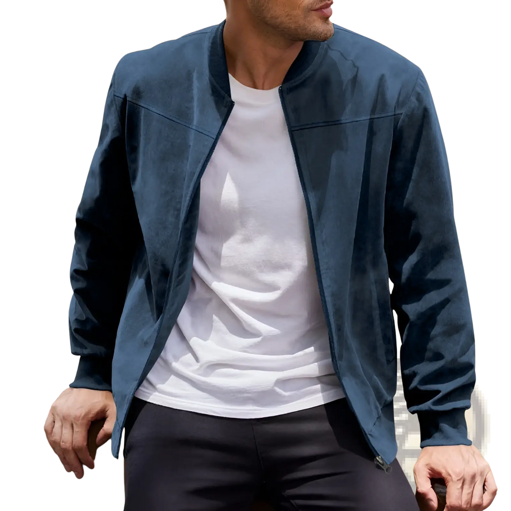 Men suede casual retro navy blue bomber jacket made of suede leather for a stylish and casual look