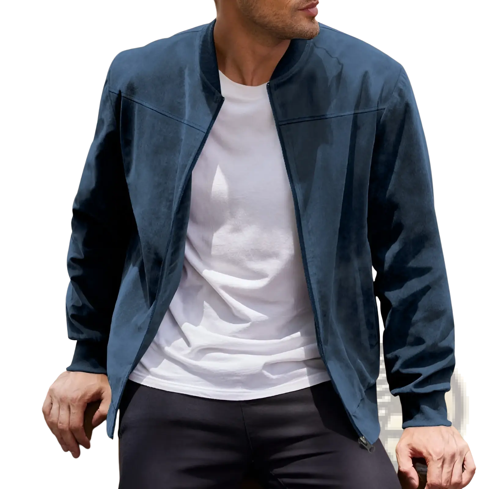 Men suede casual retro navy blue bomber jacket made of suede leather for a stylish and casual look