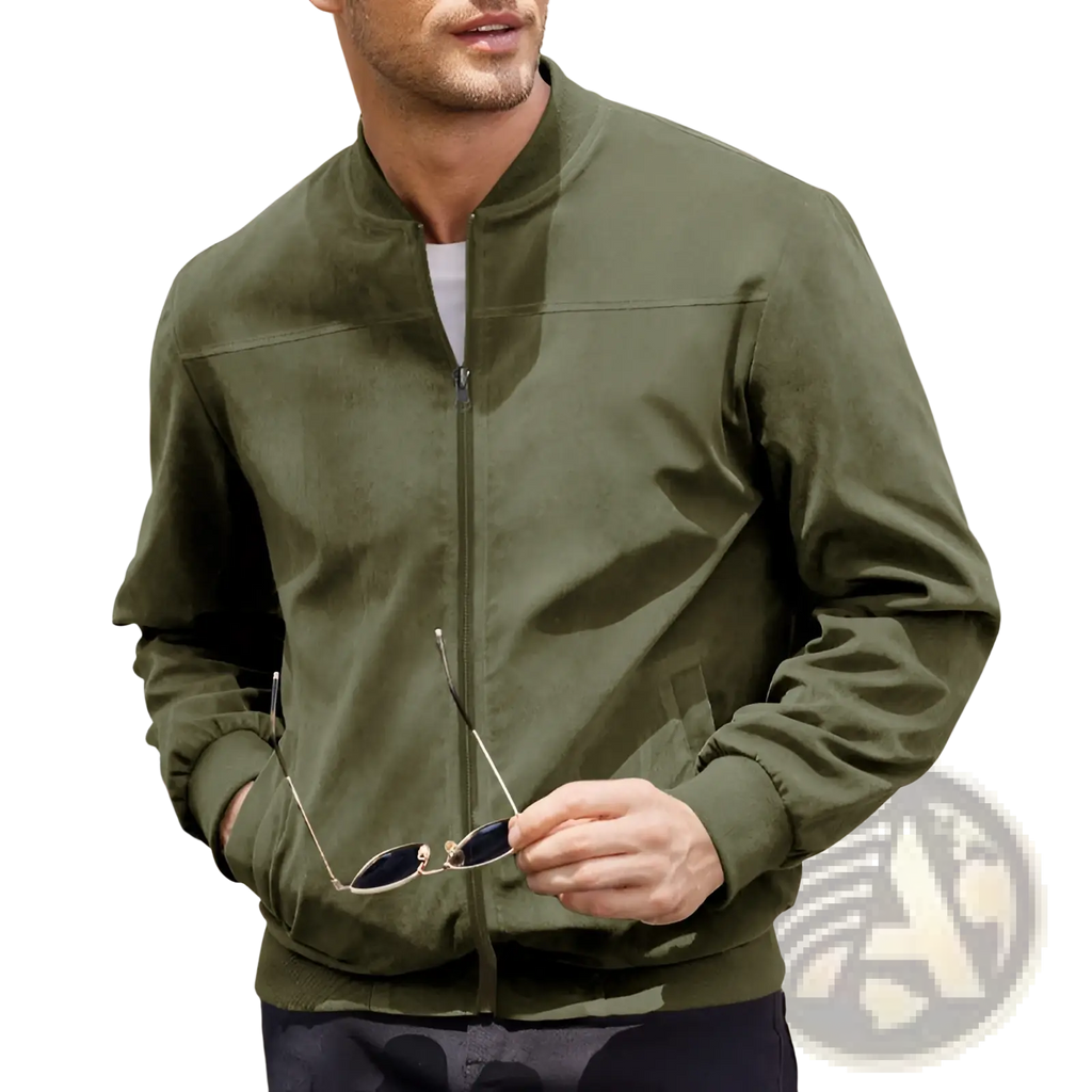 Men suede casual retro jacket in olive green with central zipper and ribbed cuffs made of suede material