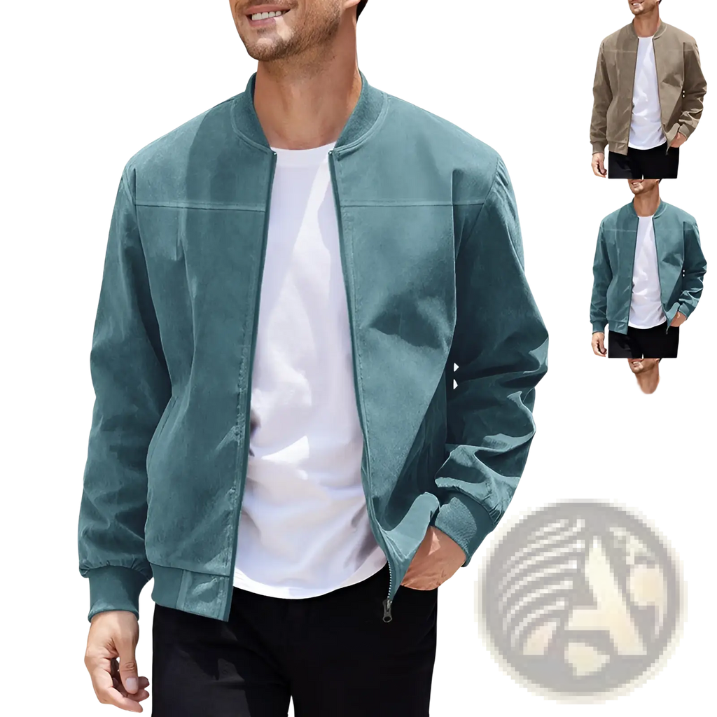 Men suede casual retro jacket in teal corduroy with ribbed cuffs and collar for a stylish casual look