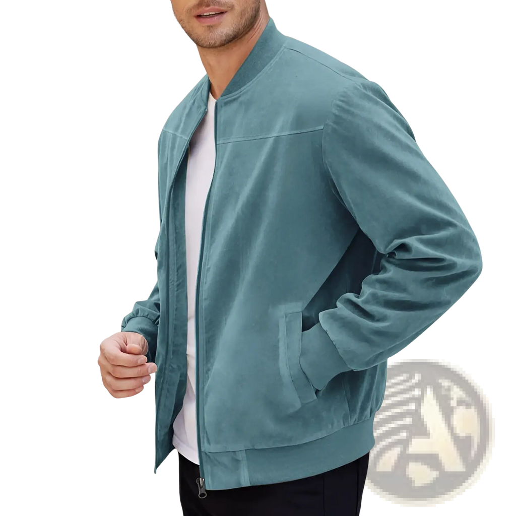 Teal velvet men suede casual retro bomber jacket with ribbed cuffs and collar for stylish everyday wear