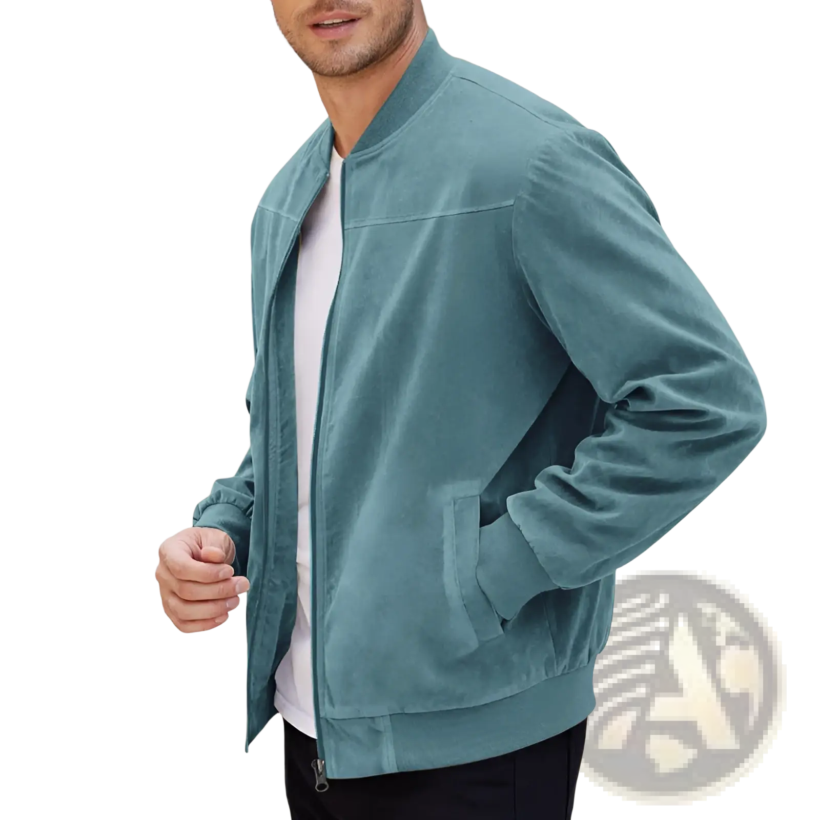 Teal velvet men suede casual retro bomber jacket with ribbed cuffs and collar for stylish everyday wear