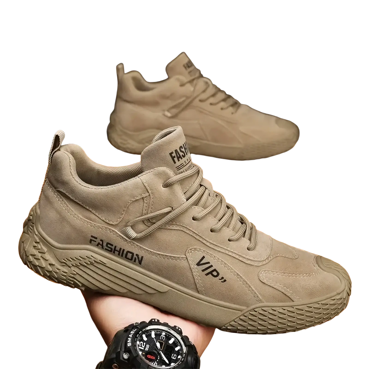 Beige suede high-top men casual sports sneakers featuring fashion and vip branding on the side