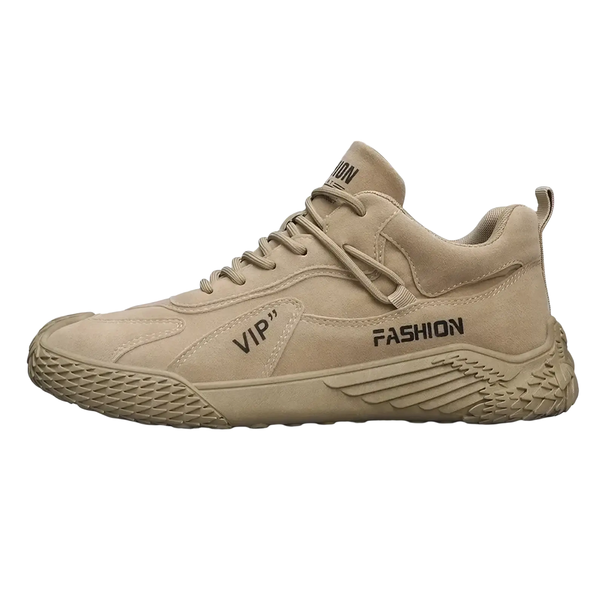 Beige suede high-top men casual sports sneaker with vip and fashion branding on the side