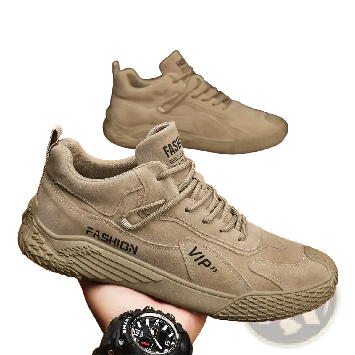 Beige suede high-top men casual sports sneakers featuring fashion and vip branding on the side