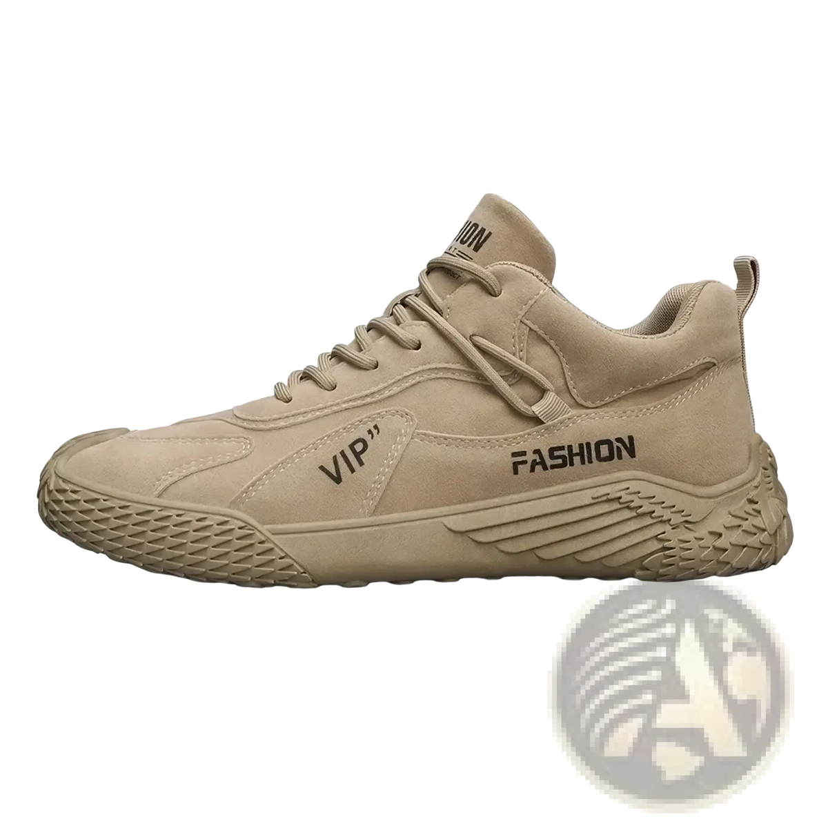 Beige suede high-top men casual sports sneaker with vip and fashion branding on the side