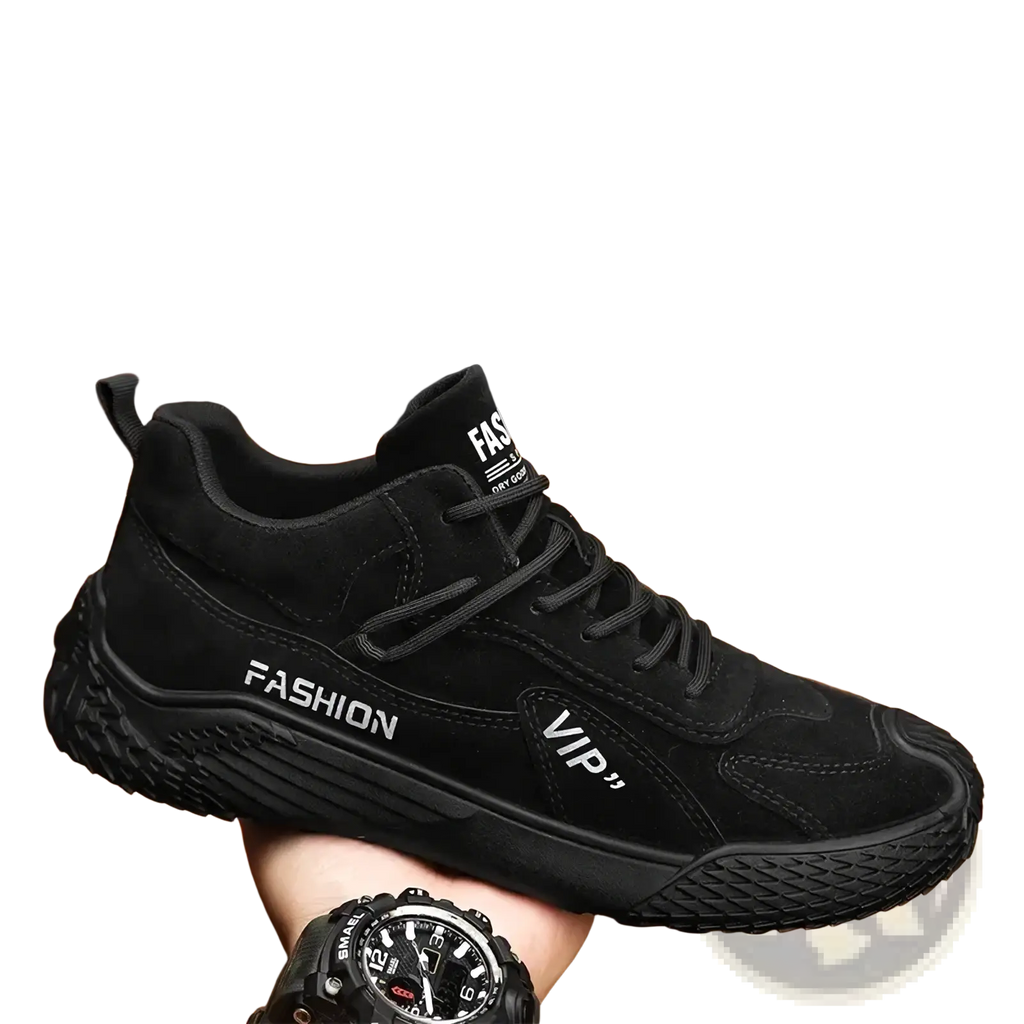 Men suede casual sports sneakers in black with suede material and fashion vip branding on the side