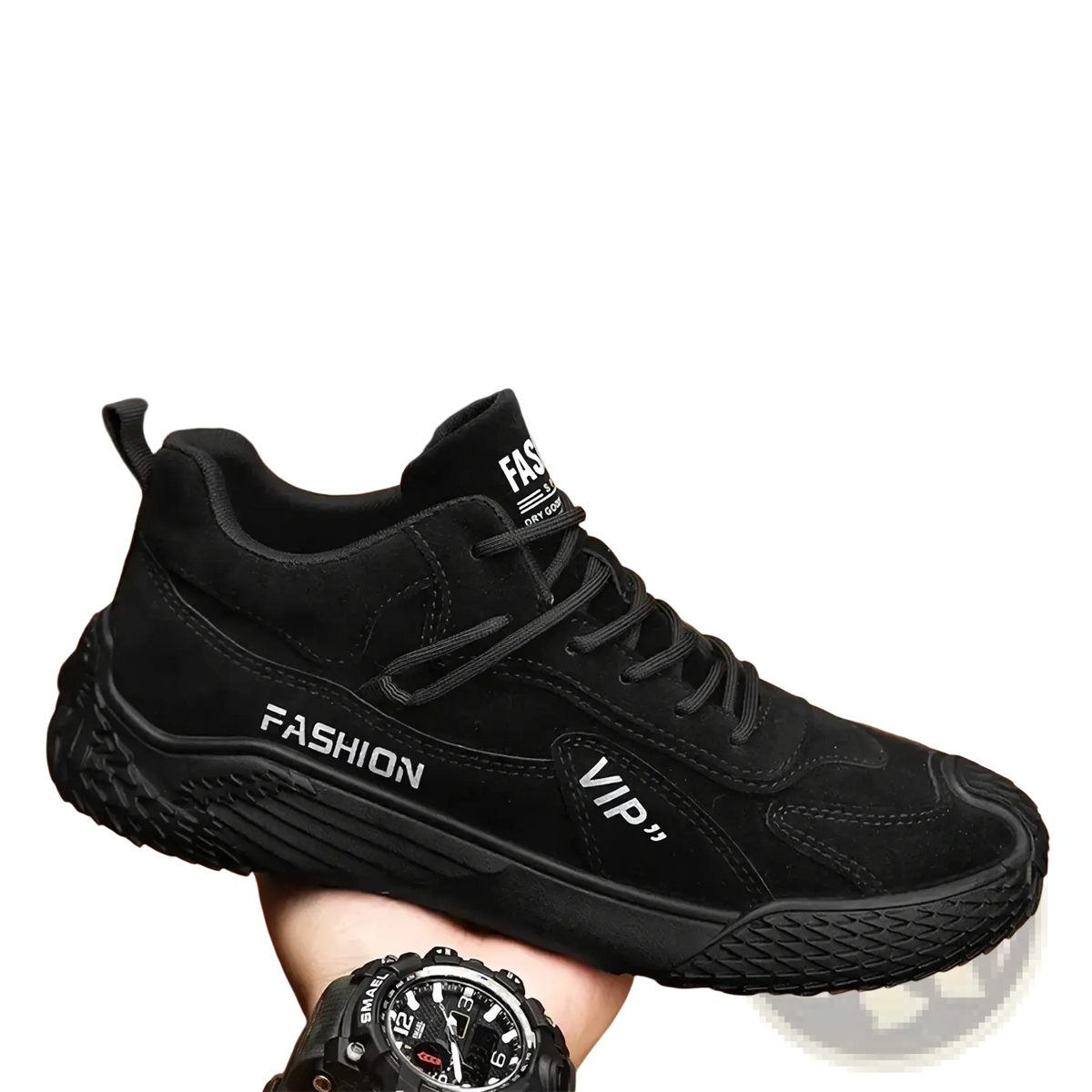Men suede casual sports sneakers in black with suede material and fashion vip branding on the side