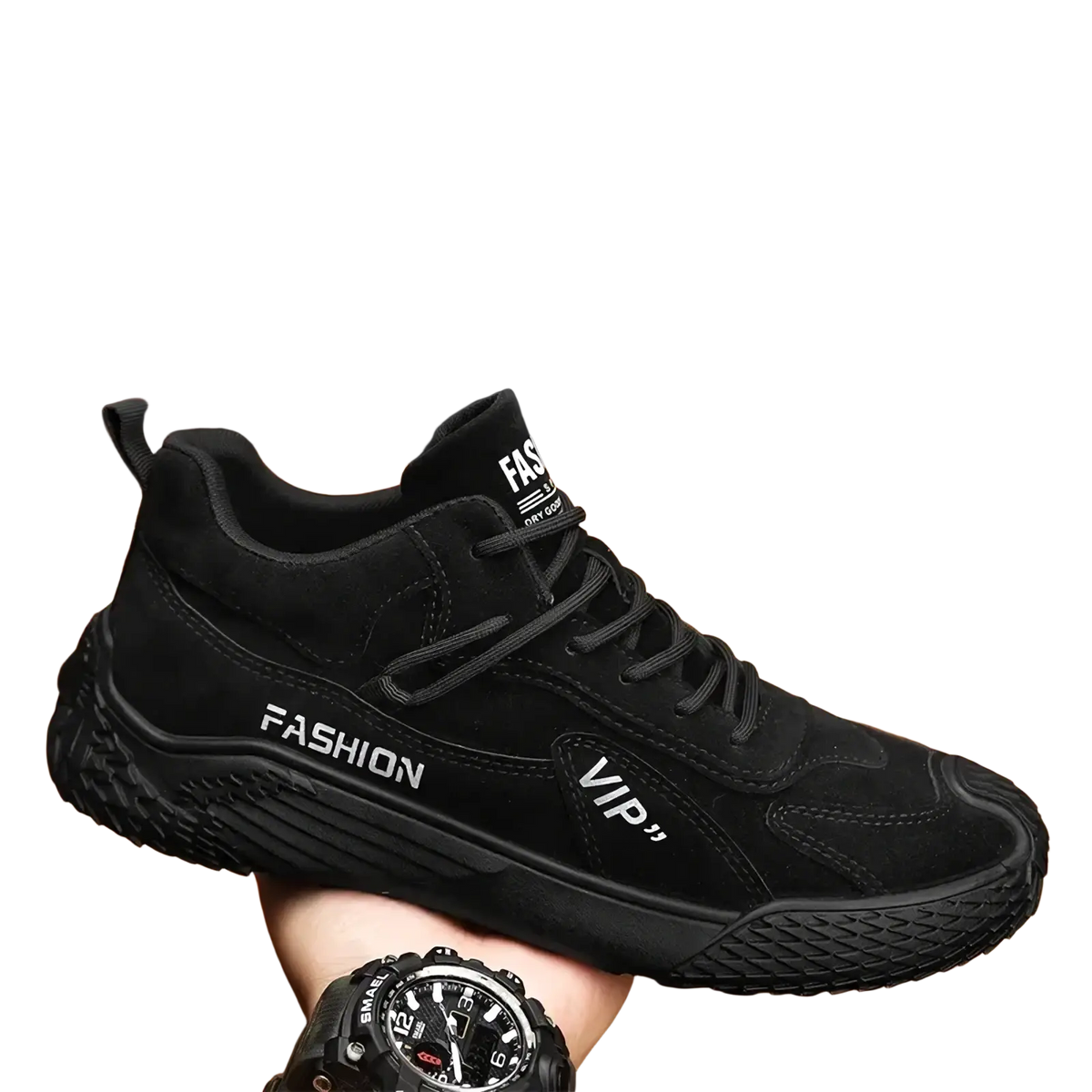 Men suede casual sports sneakers in black with suede material and fashion vip branding on the side