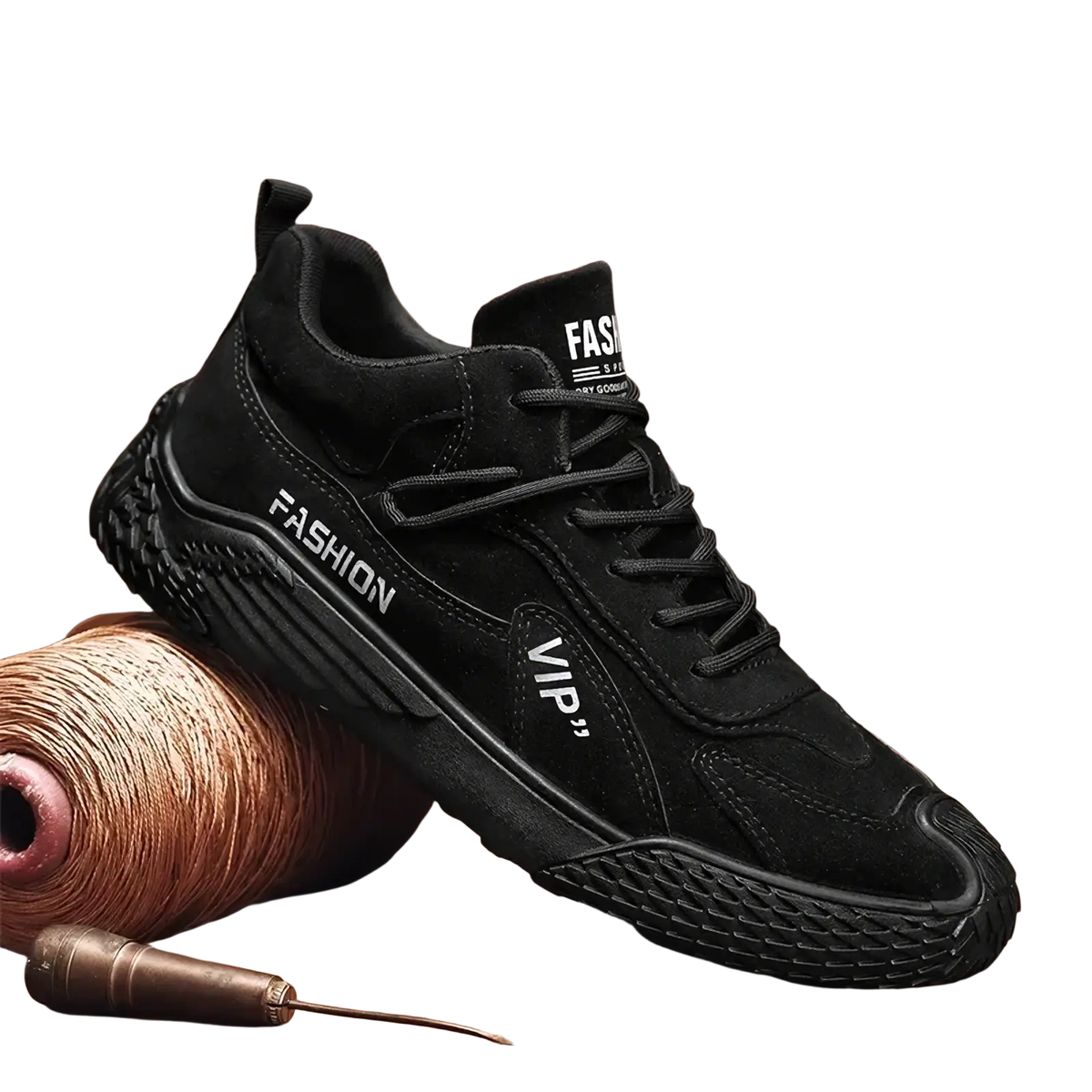 Men suede casual sports sneakers in black featuring suede material, fashion and vip branding, and a textured rubber sole