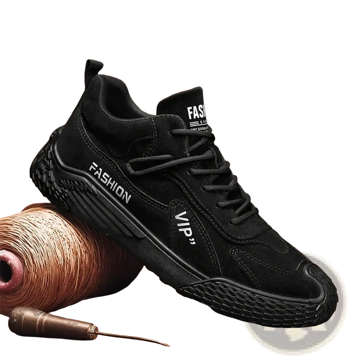 Men suede casual sports sneakers in black featuring suede material, fashion and vip branding, and a textured rubber sole