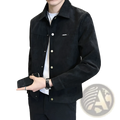 Men suede lapel spring jacket in black with suede texture silver buttons and subtle brand patch on chest pocket