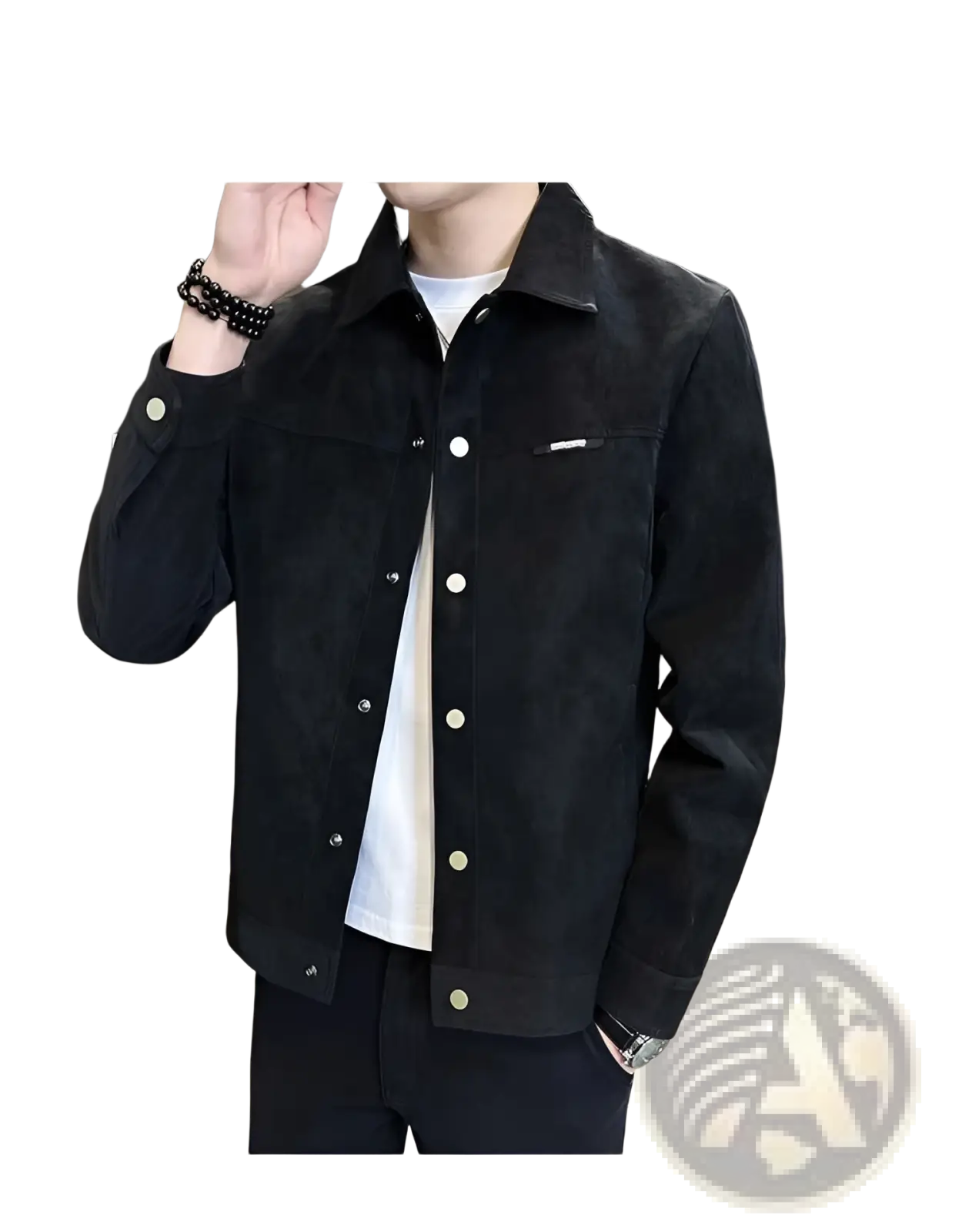 Men suede lapel spring jacket in black suede with silver buttons and a classic collar displayed from the front
