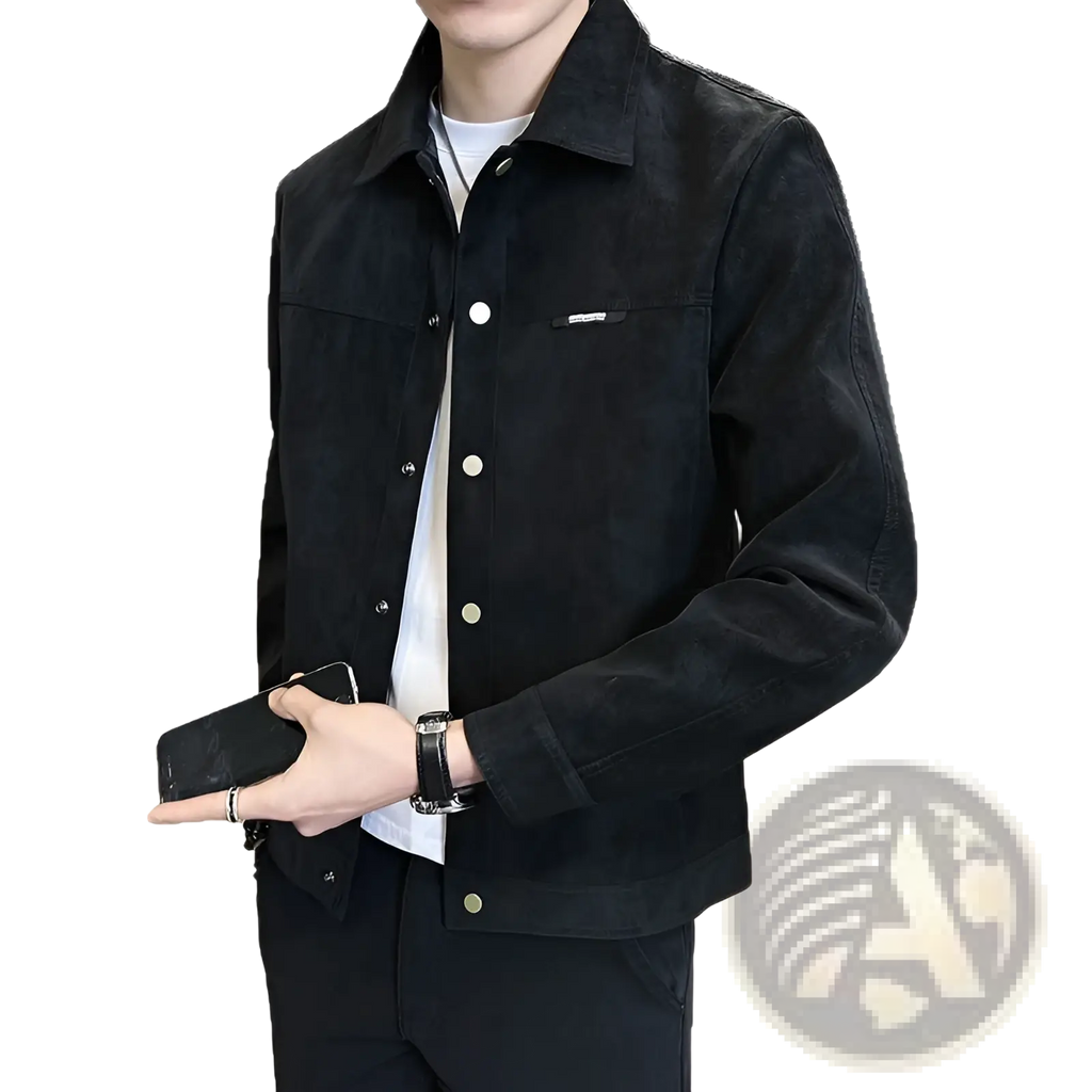 Men suede lapel spring jacket in black with silver buttons and a subtle brand patch on the chest
