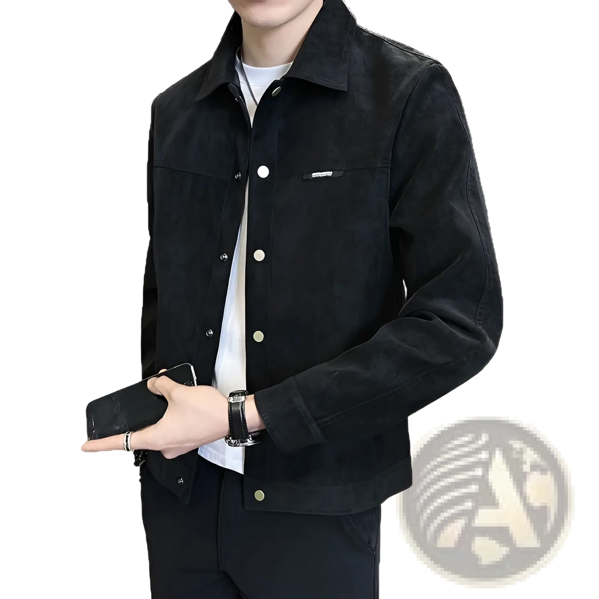 Men suede lapel spring jacket in black with silver buttons and a subtle brand patch on the chest