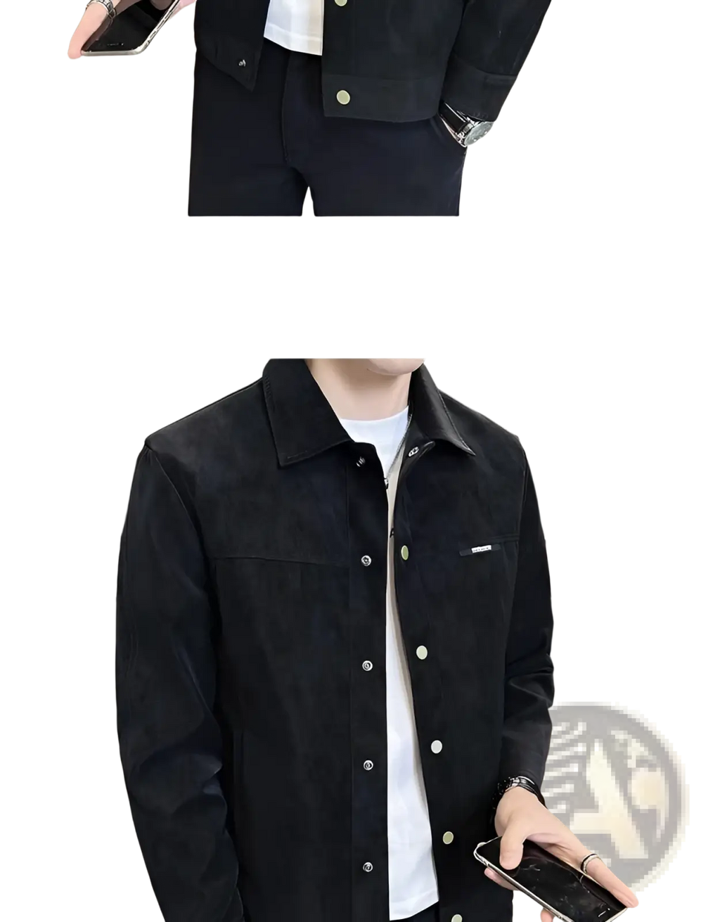 Men suede lapel spring jacket in black with silver buttons and a subtle brand logo on the chest in suede material
