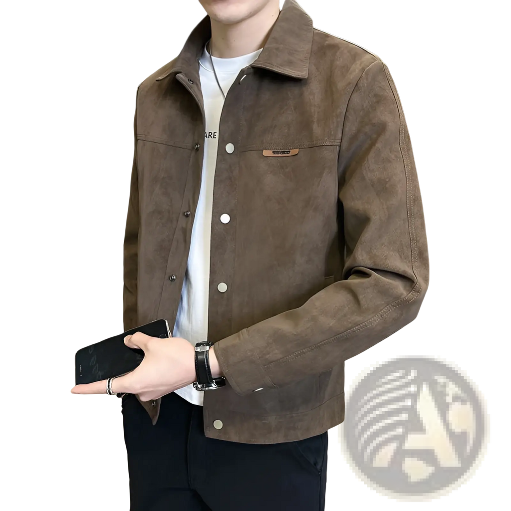 Men suede lapel spring jacket in brown with white buttons and a small leather patch on the chest pocket