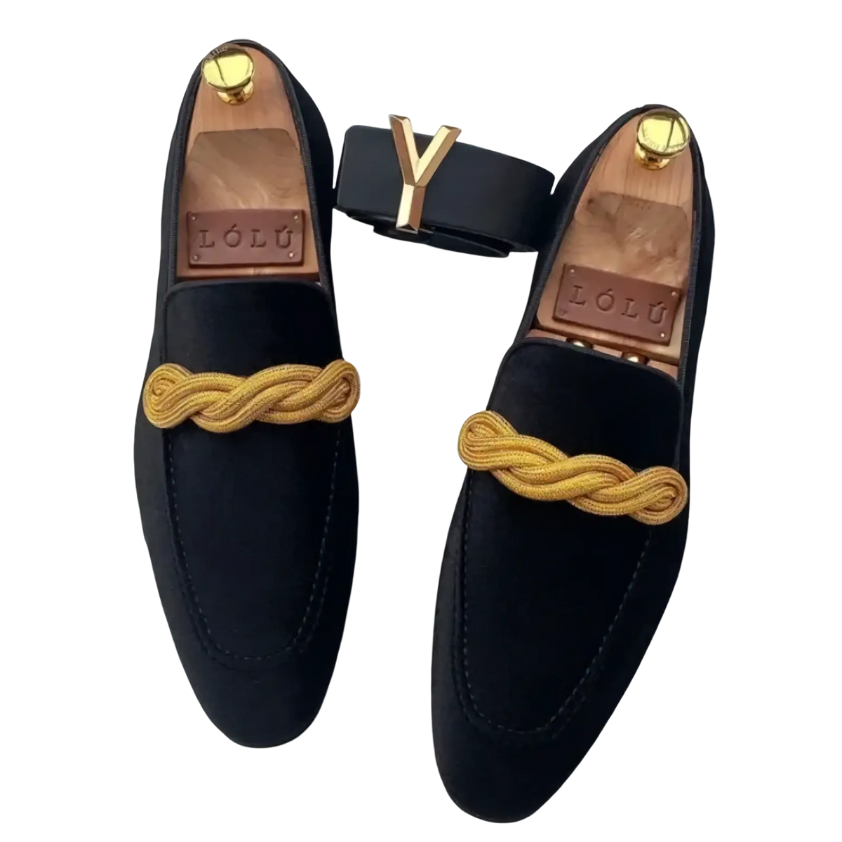 Black suede men casual slip on dress loafers with gold braided cord accents and lólu leather insole