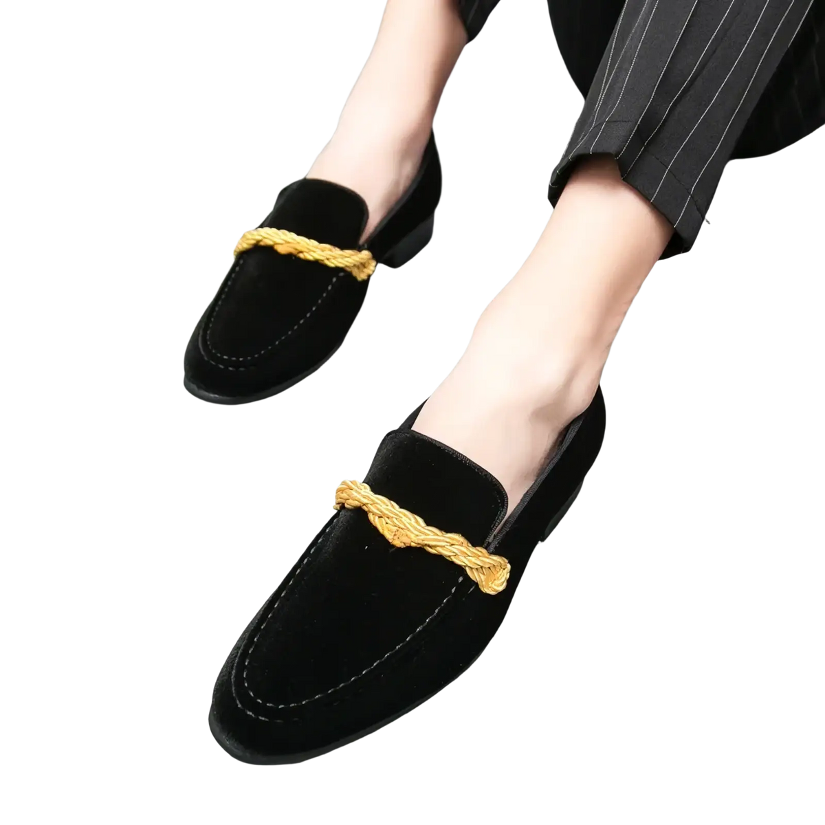 Men suede loafers casual slip on dress shoes in black suede with a braided gold accent across the toe
