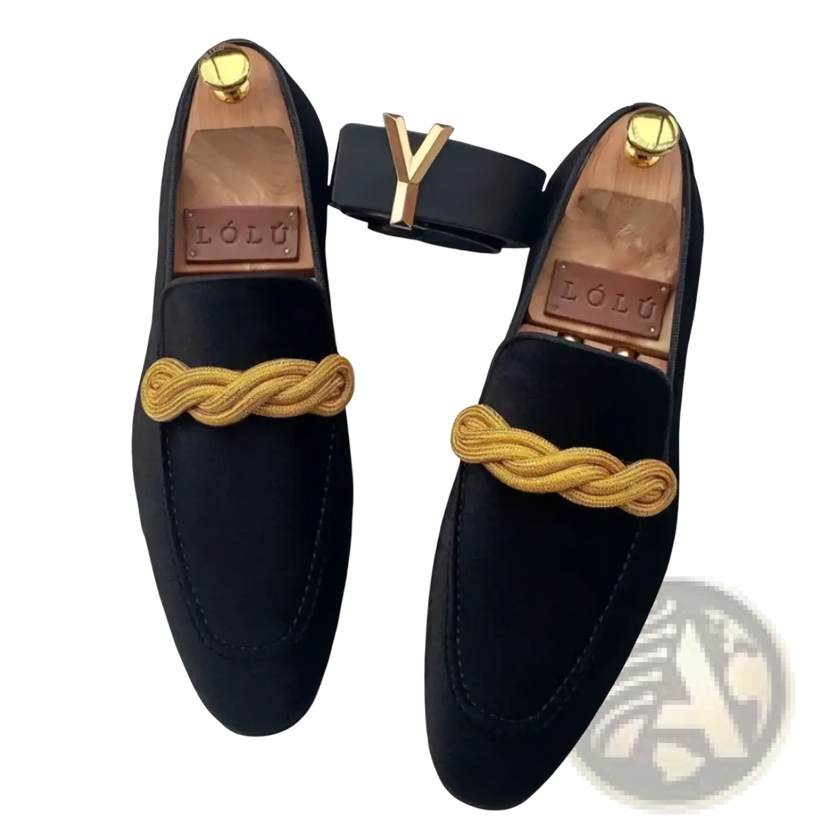 Black suede men casual slip on dress loafers with gold braided cord accents and lólu leather insole