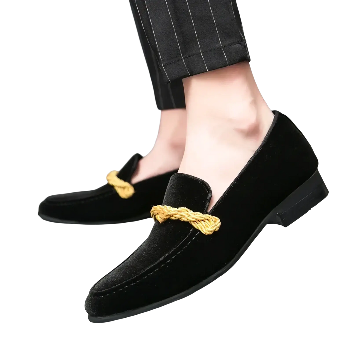 Men suede loafers casual slip on dress shoes in black velvet with a golden braided strap accent