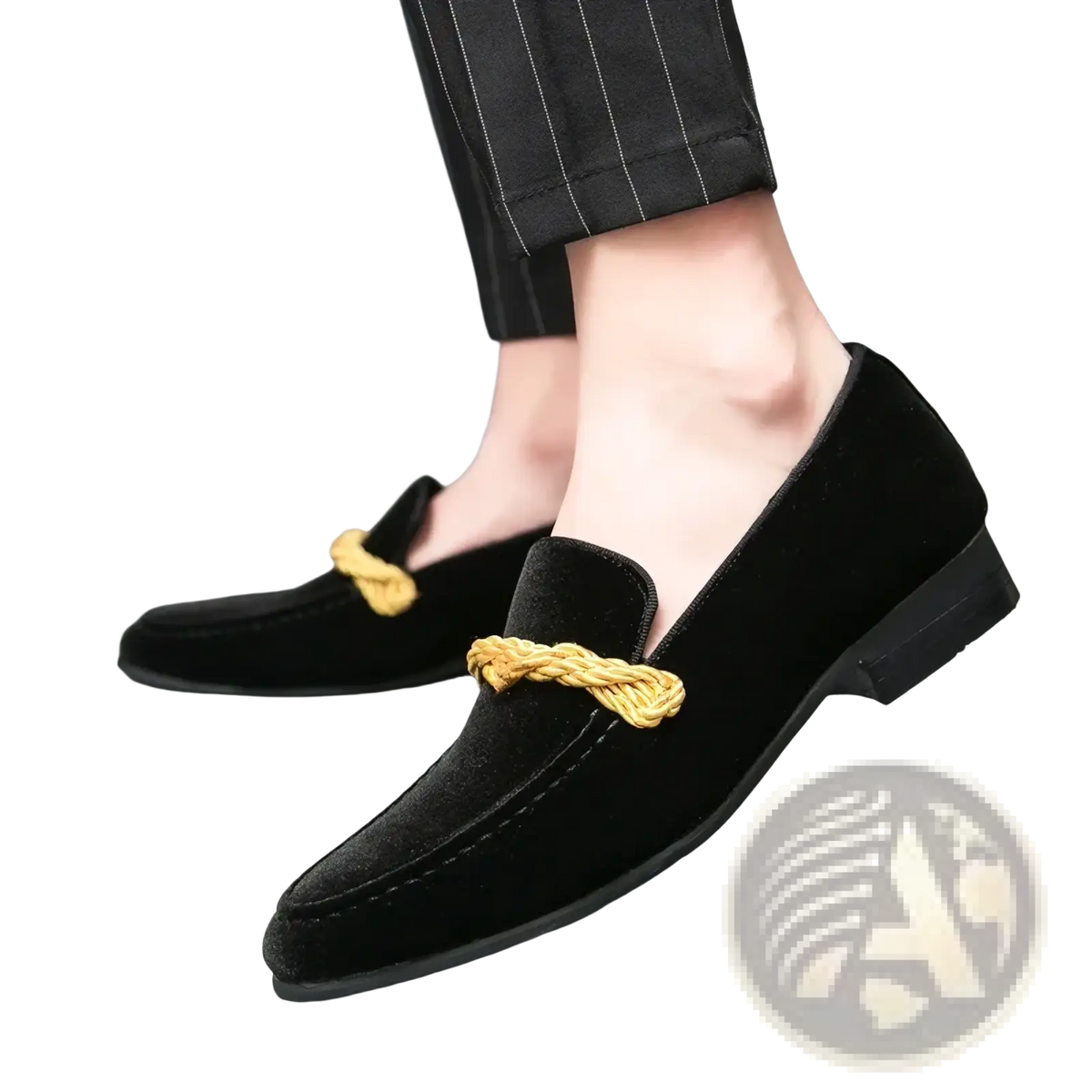Men suede loafers casual slip on dress shoes in black velvet with a golden braided strap accent