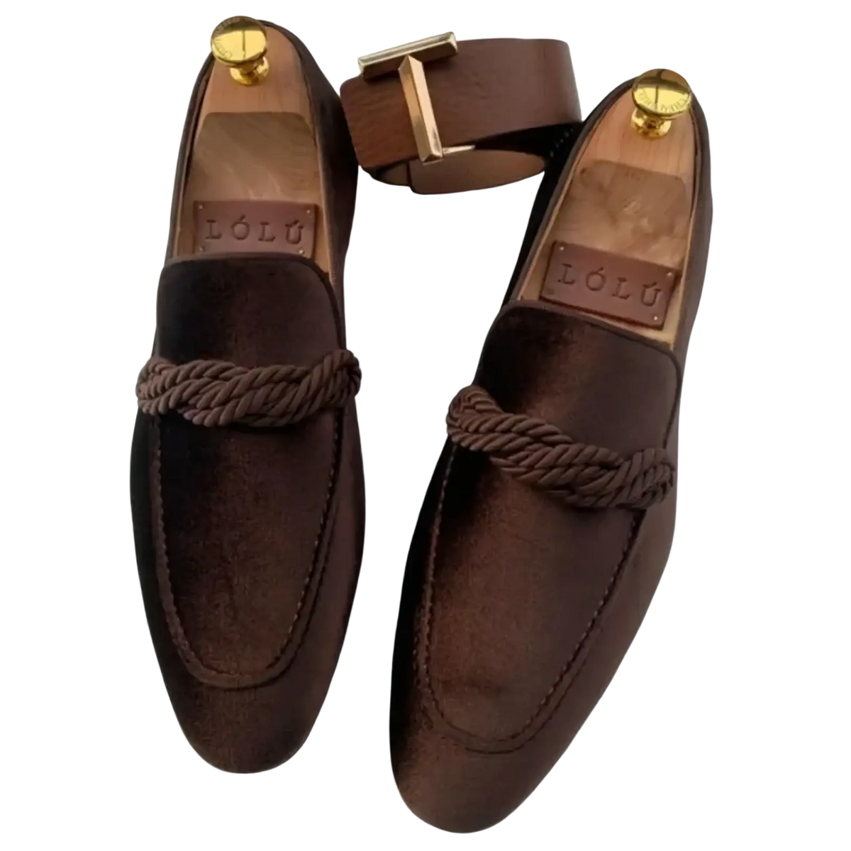 Men suede loafers in brown with braided rope detail across the toe for casual slip on dress shoes