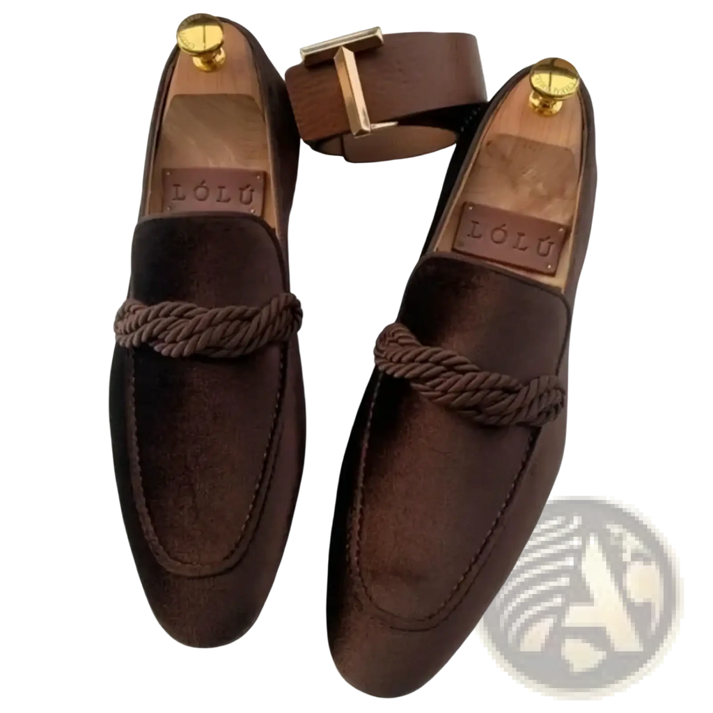 Men suede loafers in brown with braided rope detail across the toe for casual slip on dress shoes