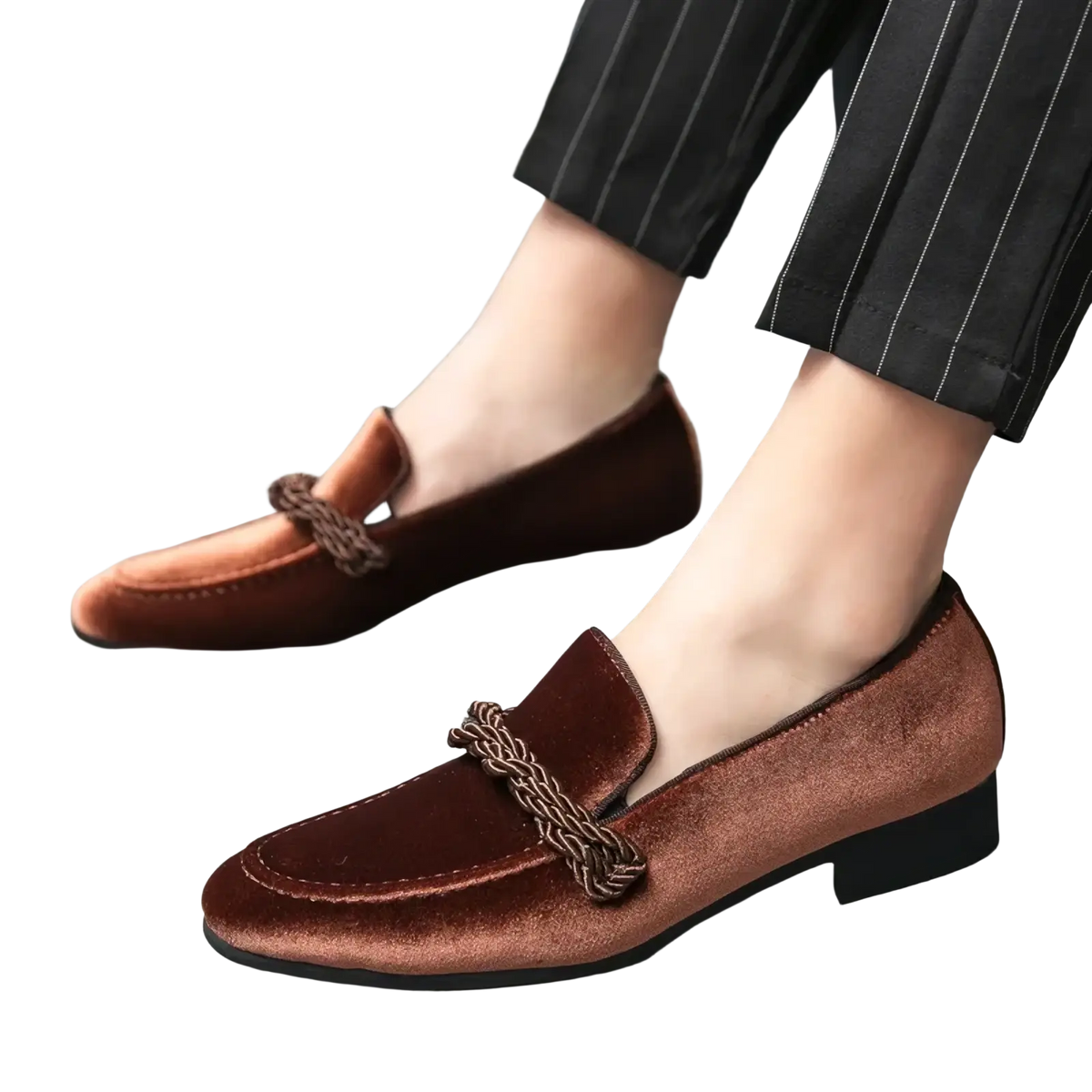 Brown suede men’s casual loafers with velvet texture and braided metallic accent across the toe