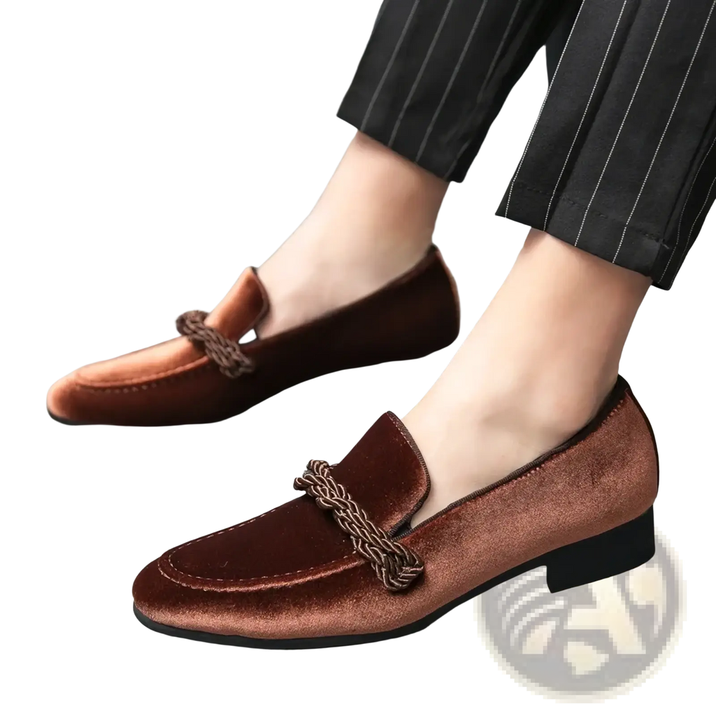 Brown suede men’s casual loafers with velvet texture and braided metallic accent across the toe