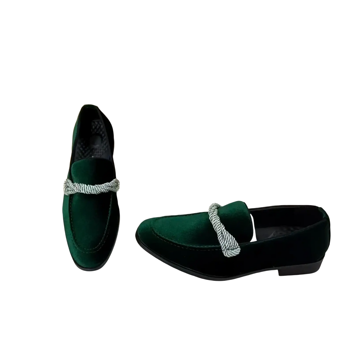 Men suede loafers casual slip on dress shoes in deep green velvet with a silver and white braided strap across the toe
