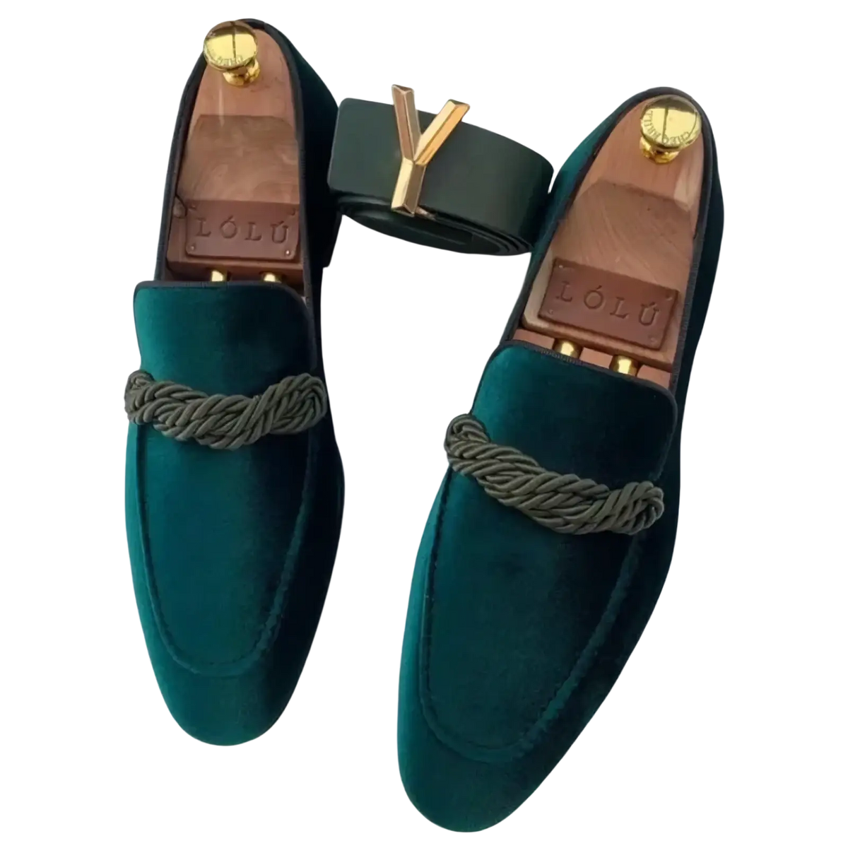 Men suede loafers casual slip on dress shoes in deep teal velvet with braided gray cord and gold tone hardware detail