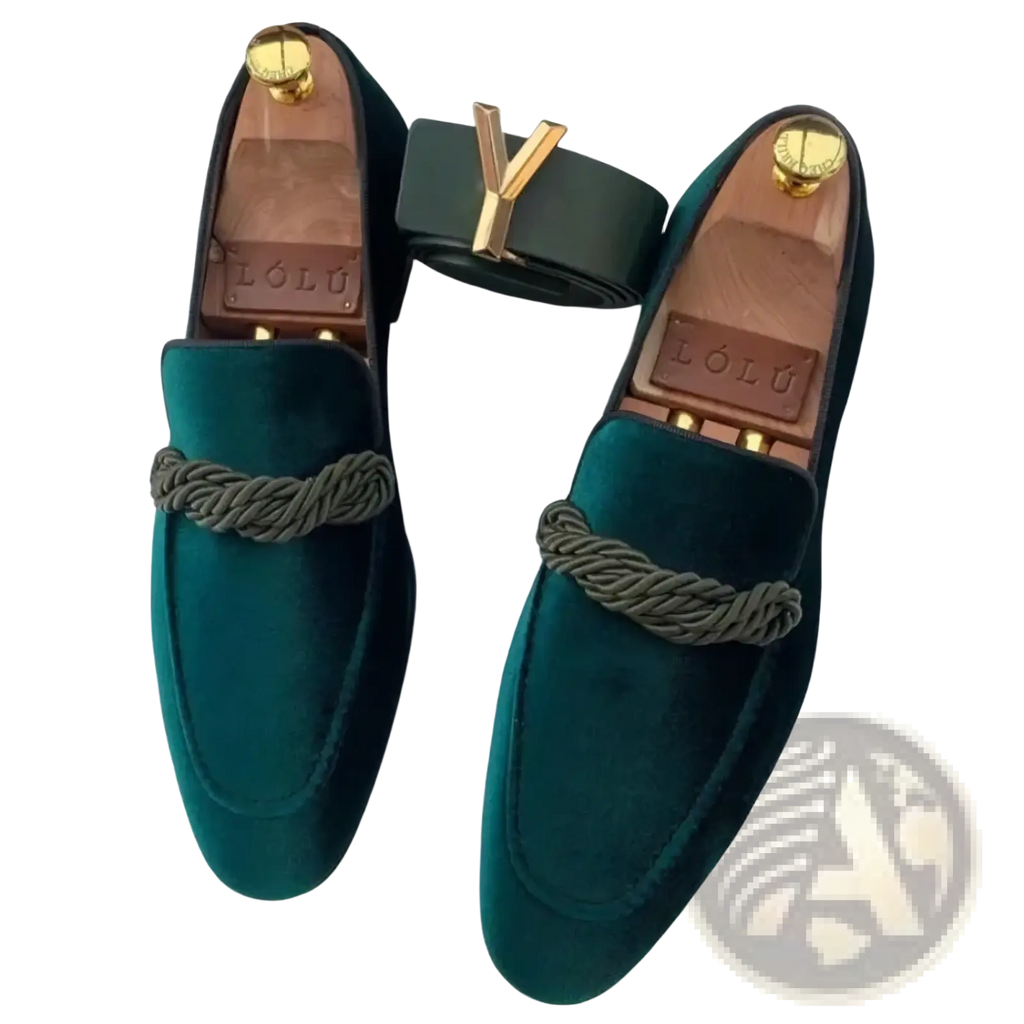 Men suede loafers casual slip on dress shoes in deep teal velvet with braided gray cord and gold tone hardware detail