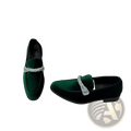 Men suede loafers casual slip on dress shoes in deep green velvet with a silver and white braided strap across the toe