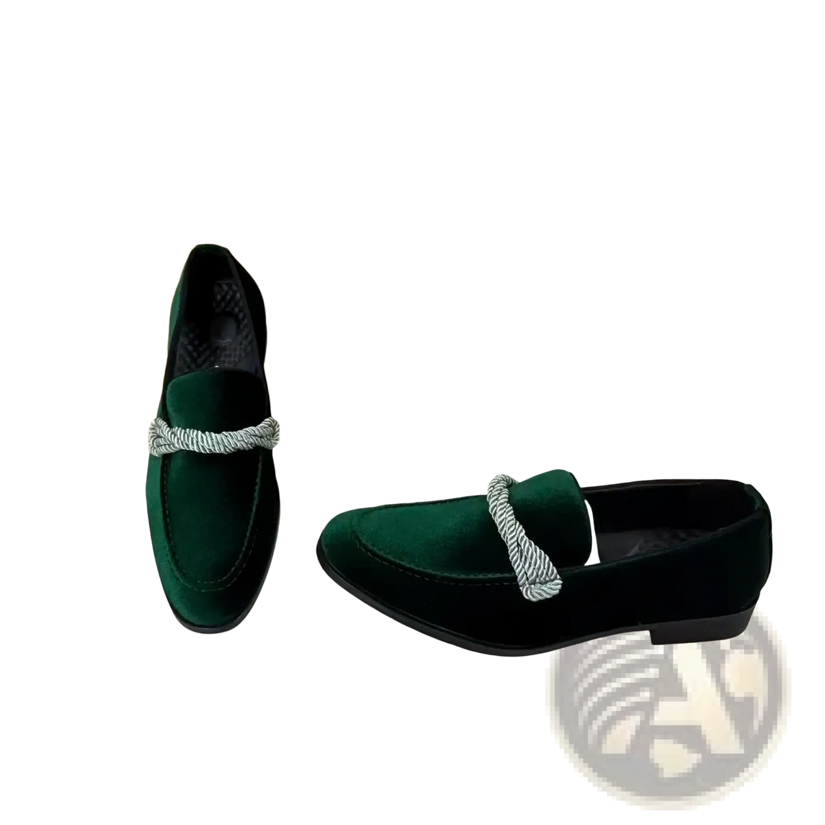 Men suede loafers casual slip on dress shoes in deep green velvet with a silver and white braided strap across the toe