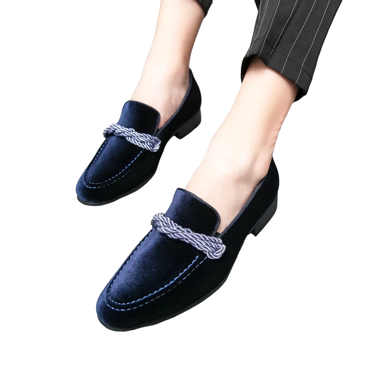 Men suede loafers casual slip on dress shoes in navy blue velvet with braided silver and navy accent strap