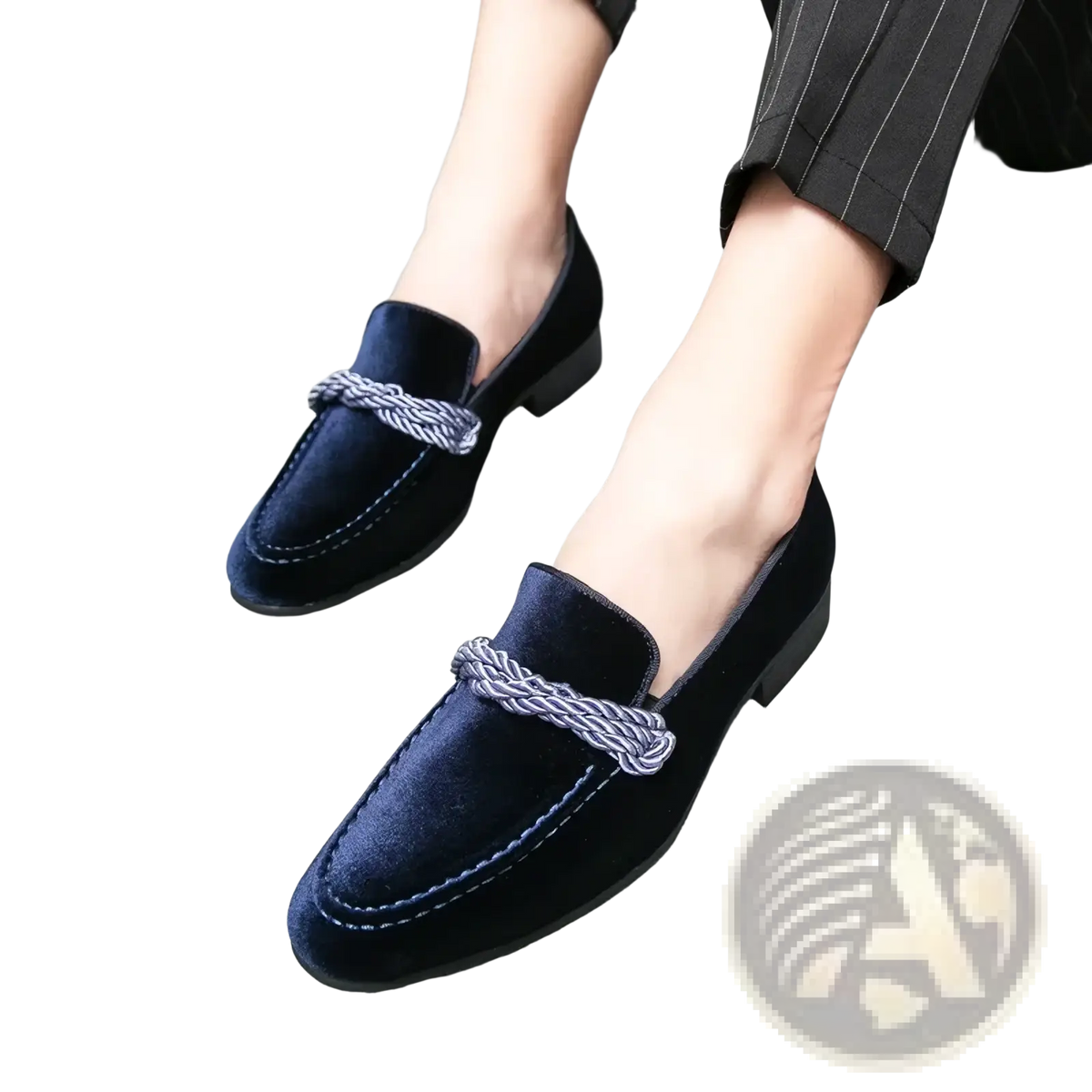 Men suede loafers casual slip on dress shoes in navy blue velvet with a braided silver and navy accent strap