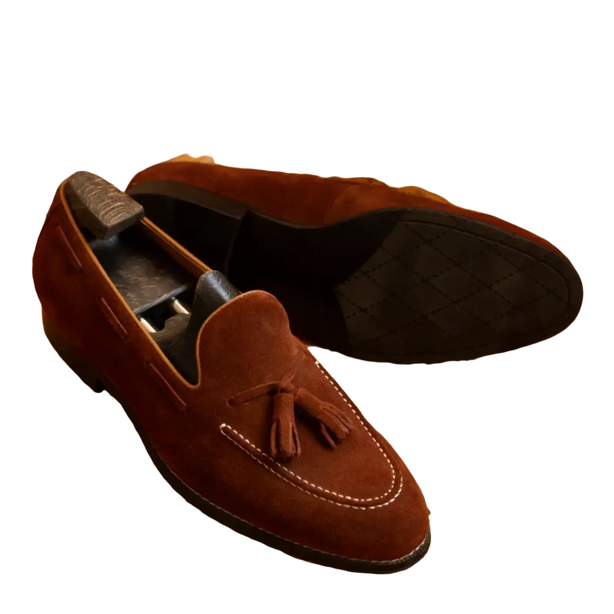Men suede tassel loafers slip on casual shoes in brown suede with white stitching and black rubber sole