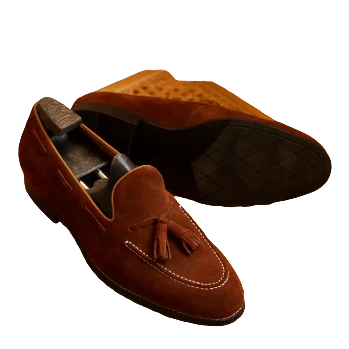 Men suede tassel loafers slip on casual shoes in brown suede with stitched detailing and tassel accents