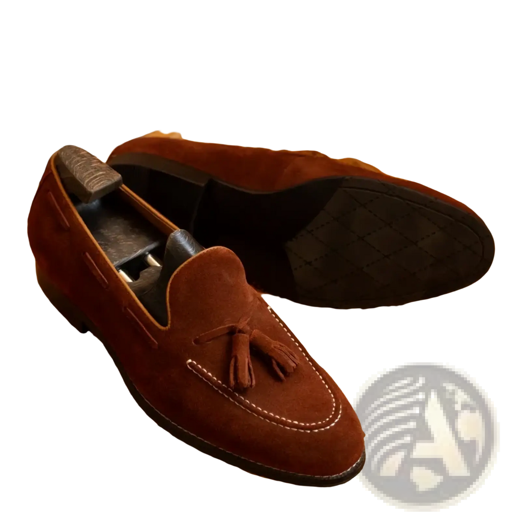 Men suede tassel loafers slip on casual shoes in brown suede with white stitching and black rubber sole