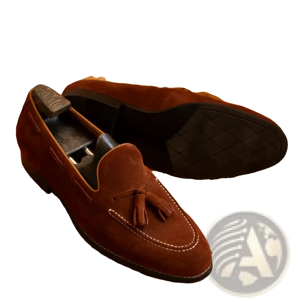 Men suede tassel loafers slip on casual shoes in brown suede with white stitching and black rubber sole