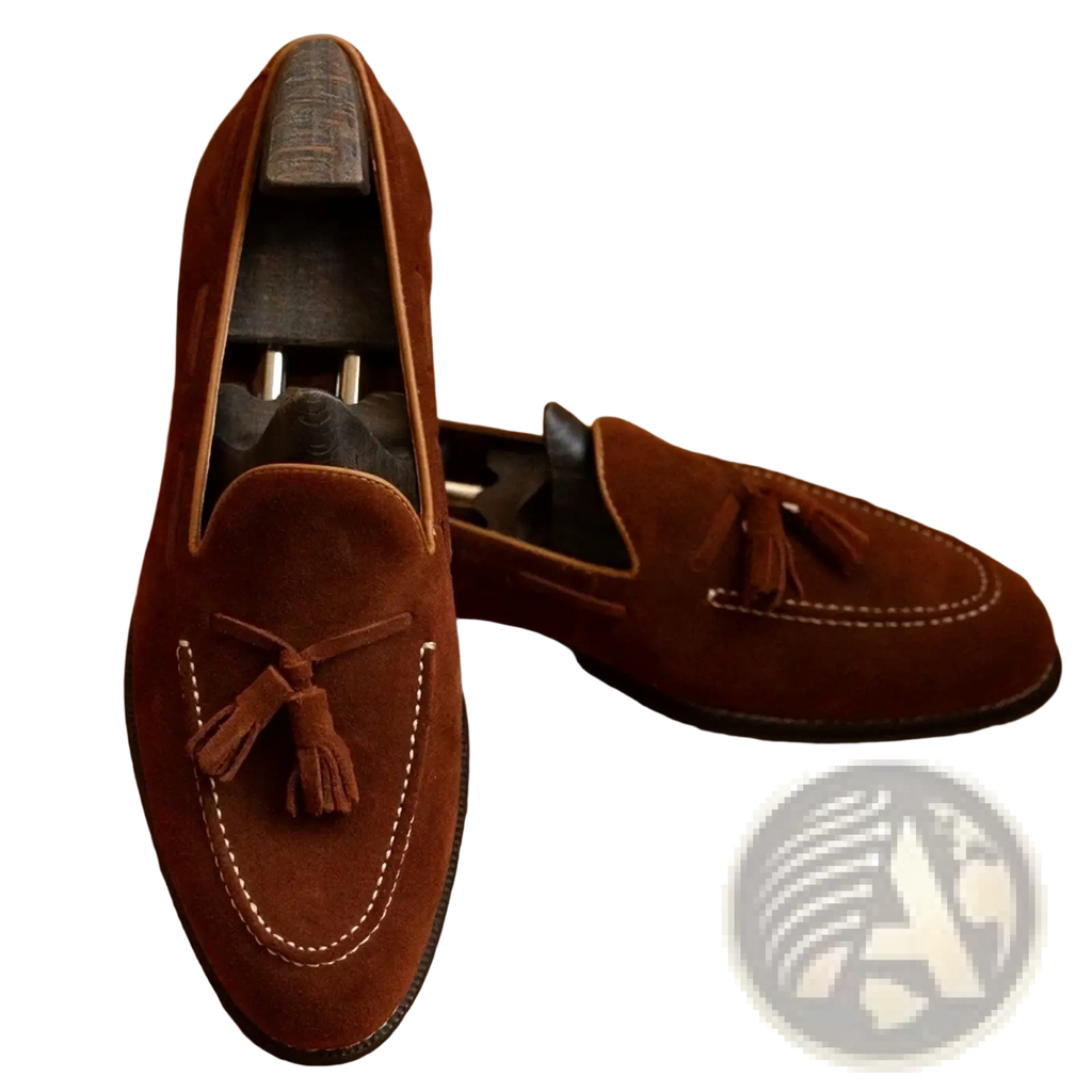 Men suede tassel loafers slip on casual shoes in brown with white stitching and tassel details in suede material