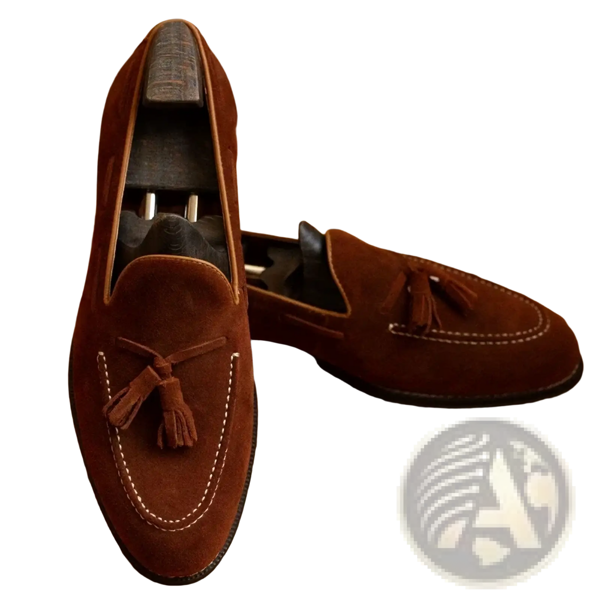 Men suede tassel loafers slip on casual shoes in brown with white stitching and tassel details in suede material