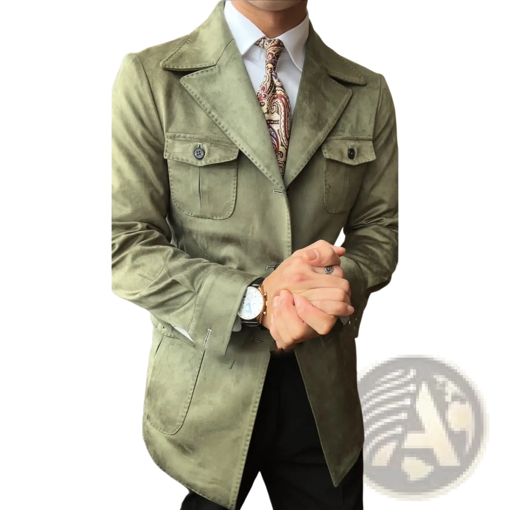 Men suede velvet jacket in olive green with suede texture, lapel collar, and chest pocket design for spring wear