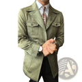 Men suede velvet jacket in olive green with suede texture, lapel collar, and chest pocket design for spring wear