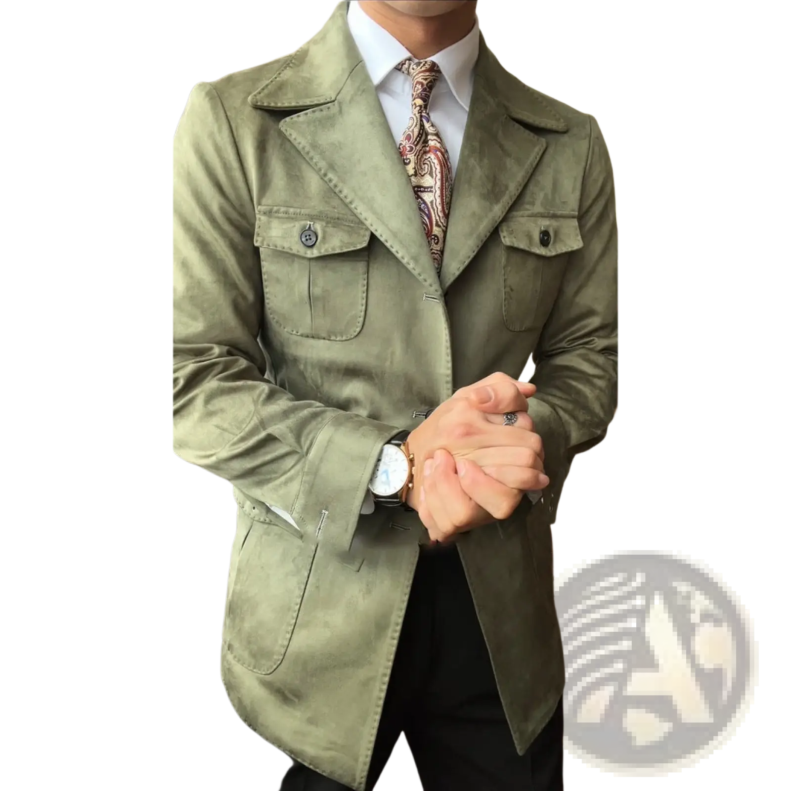 Men suede velvet jacket in olive green with suede texture, lapel collar, and chest pocket design for spring wear