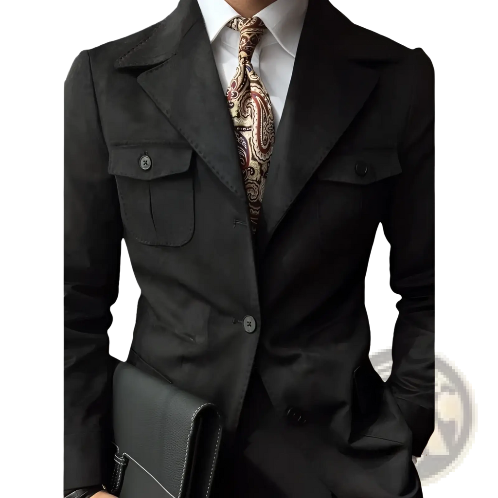 Black textured blazer with flap pockets and button closures styled as a men suede velvet retro spring jacket