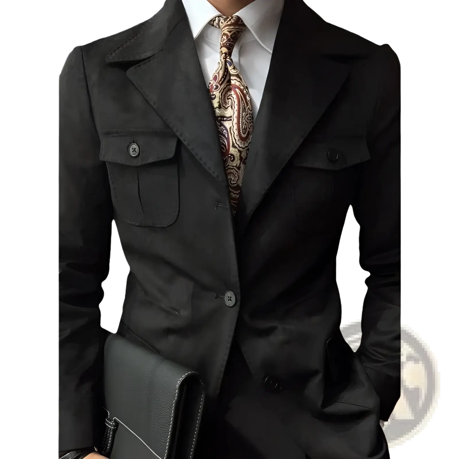 Black textured blazer with flap pockets and button closures styled as a men suede velvet retro spring jacket
