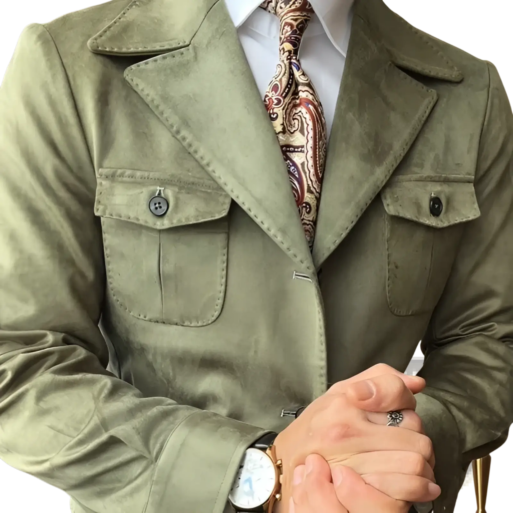 Men suede velvet jacket retro spring olive green in olive green suede with flap pockets and dark buttons detail