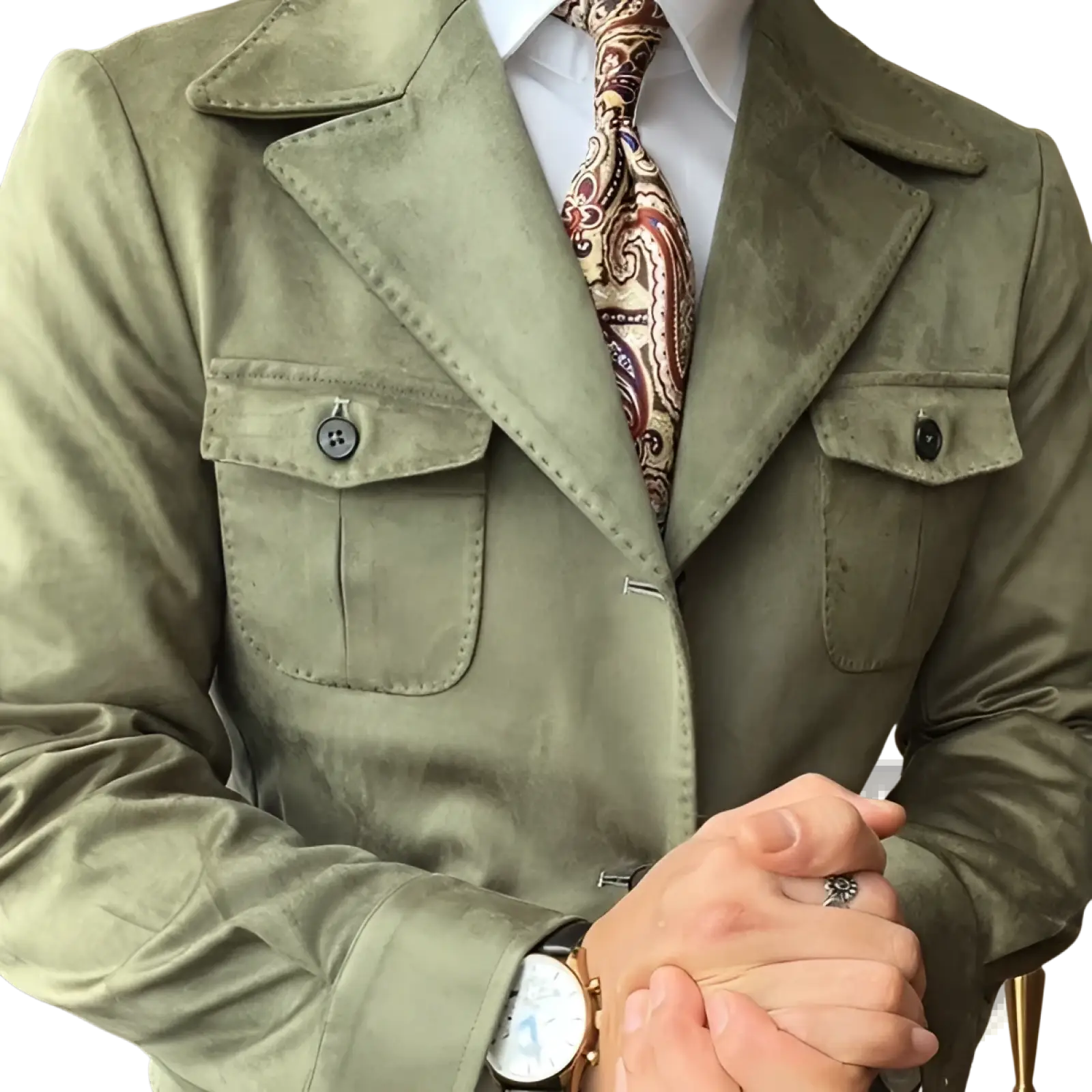 Men suede velvet jacket retro spring olive green in olive green suede with flap pockets and dark buttons detail